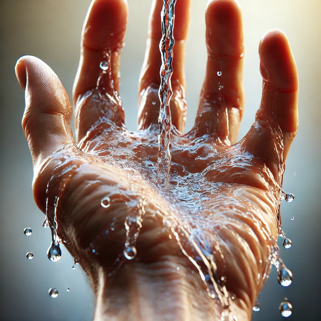Geïoniseerd water van Vires-5 stroomt over een open hand